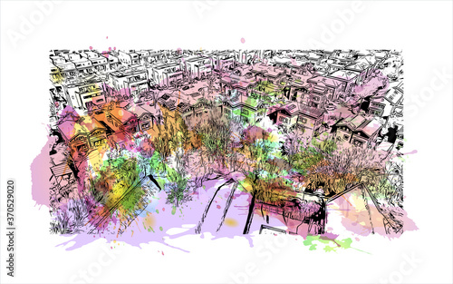 Building view with landmark of Alphen aan den Rijn is a city and municipality in the western Netherlands. Watercolor splash with hand drawn sketch illustration in vector.