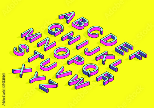 Pop art isometric  English alphabet on yellow background
