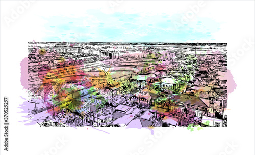 Building view with landmark of Alphen aan den Rijn is a city and municipality in the western Netherlands. Watercolor splash with hand drawn sketch illustration in vector.