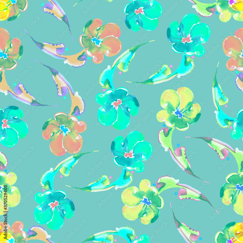 Watercolor painting of colorful flowers. Seamless pattern  for design on blue background.