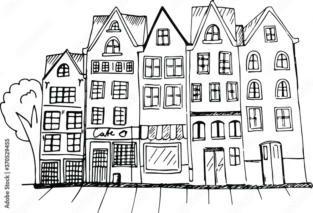 Black and white graphics, European houses drawn by hand with a liner