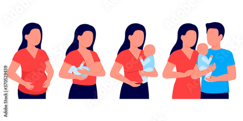 Pregnancy woman, breastfeeding, mother feeding newborn baby with breast in hands. Expectant mother, motherhood. Child boy drinks milk from the female breast. Happy family. Vector