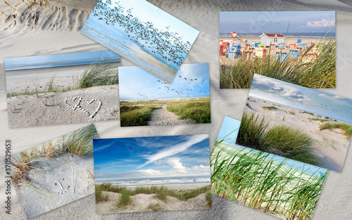 Collage of different shots taken ont he North Sea island Langeoog in Germany: landscapes, ducks, seagull, dune beach with blue sky, clouds, sand and grass on a beautiful summer day