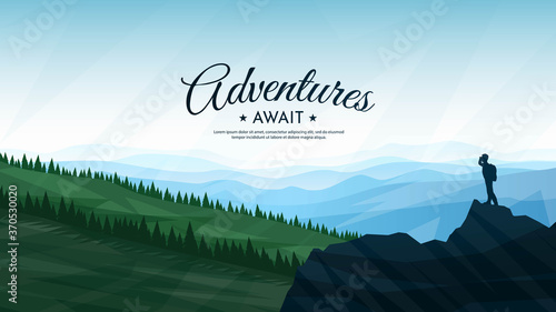 Vector illustration. A man with a backpack stands on top of a rock and looks at the mountains. Flat design. Concept of discovery, exploration, hiking, adventure tourism and travel. Landscape view.
