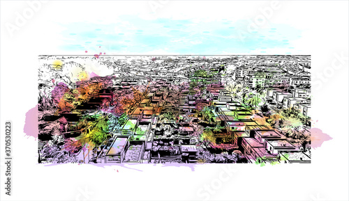 Building view with landmark of Alphen aan den Rijn is a city and municipality in the western Netherlands. Watercolor splash with hand drawn sketch illustration in vector.