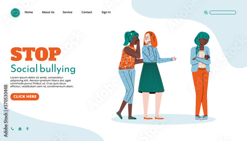 Website page template arguing to stop social bullying with group of teen girls, cartoon vector illustration. Violence, abuse and aggression problem in society.