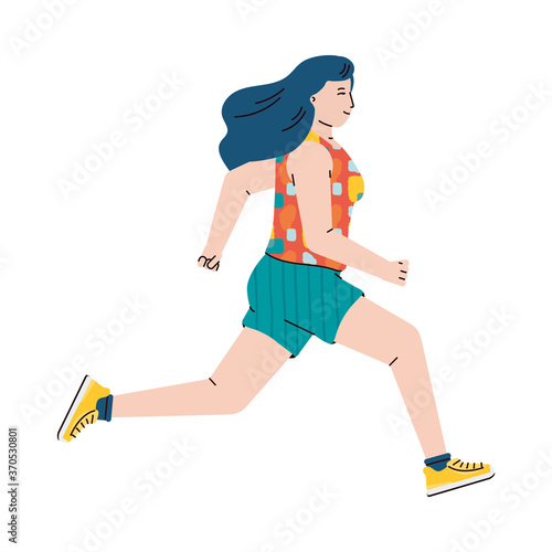 Female runner, cartoon woman running from side view isolated on white background. Healthy young girl in sportswear jogging and smiling, vector illustration.