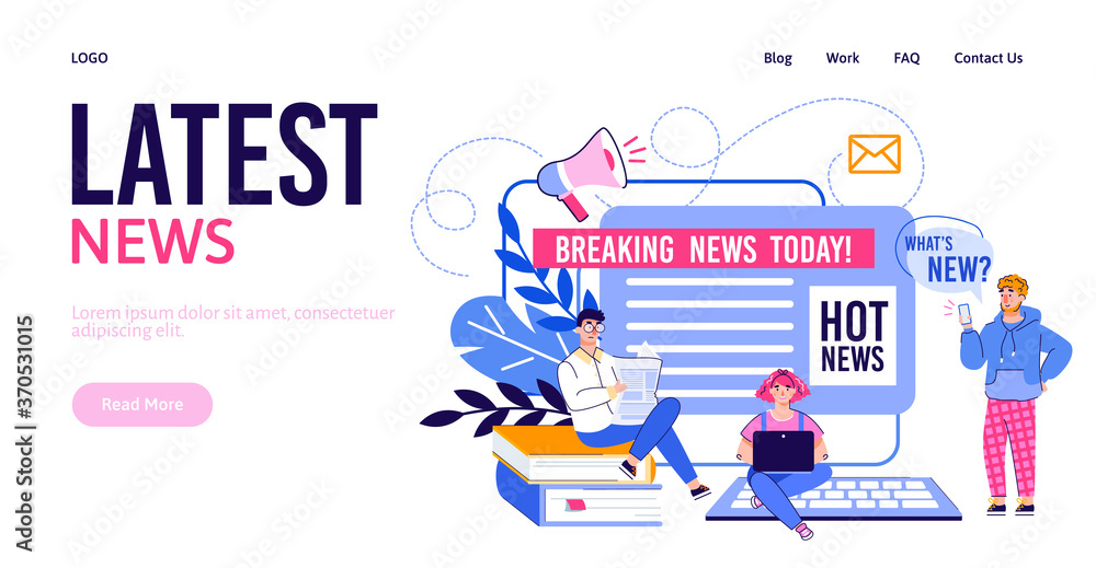 Latest news website banner interface with people using various devices, cartoon vector illustration on white background. Landing page for news online update app.