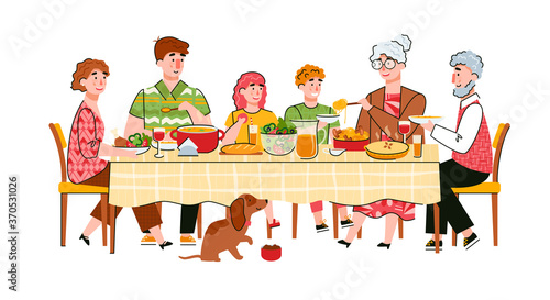 Family joint dinner or celebration of family event scene with cartoon characters of adults and children at table, sketch vector illustration isolated on white background.
