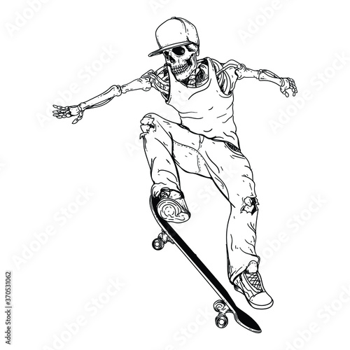 tattoo and t-shirt design black and white hand drawn skeleton skateboarder premium vector
