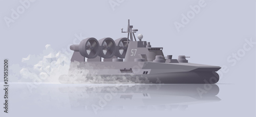Mowing hovercraft battleship on light background. Vector illustration