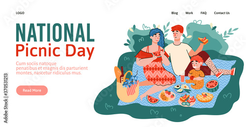 National picnic day website banner template with couple having a picnic in park, flat cartoon vector illustration. Landing page for summer vacations activity.