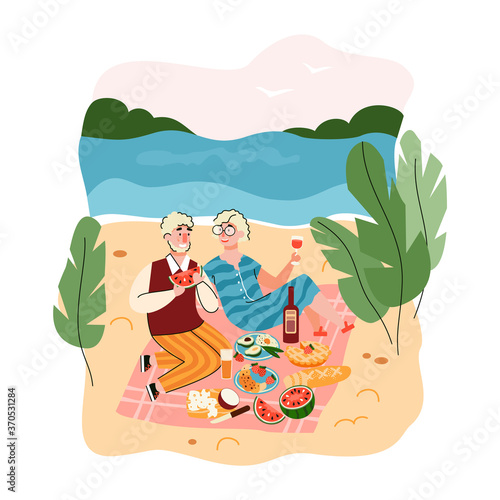 Elderly couple picnic near the sea flat cartoon vector illustration isolated on white background. Summer beach landscape with senior people characters eating outdoors.