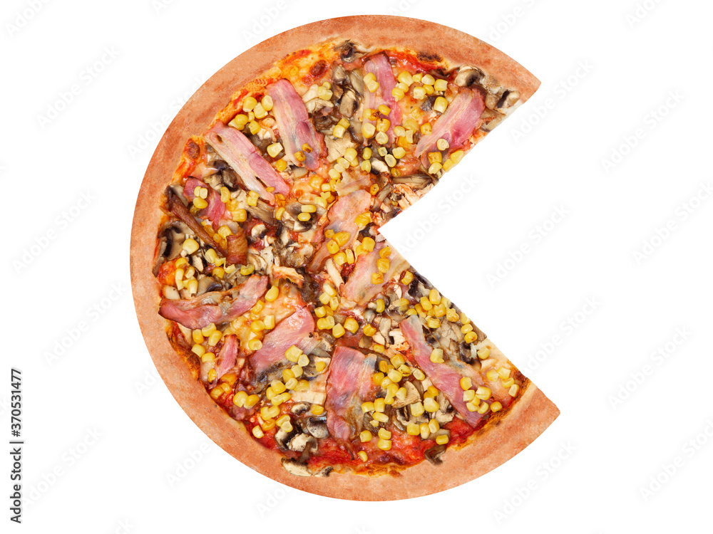 Delicious pizza with chicken breast, corn, bacon and mushrooms, without a quarter, isolated on white background, top view Delicious pizza with chicken breast, corn, bacon and mushrooms, without a quarter, isolated on white background, top view