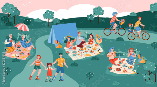 Summer park background with resting people having a picnic and sport activity, flat cartoon vector illustration. National picnic day and summer leisure layout.