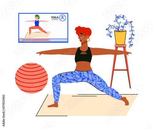 Woman watching online yoga tutorial and stretching at home gym. Cartoon person doing fitness exercise with video lesson, vector illustration.