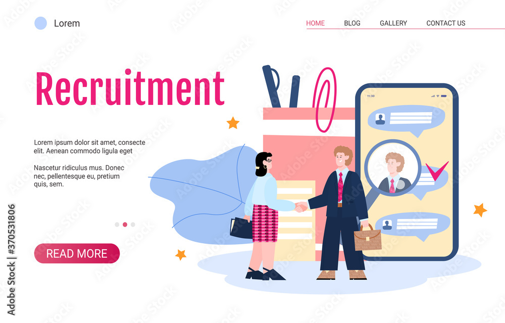 Web banner for HR recruitment agency with employer welcoming new employee, flat vector illustration on white background. Businessman hiring new staff. Web banner for HR recruitment agency with employer welcoming new employee, flat vector illustration on white background. Businessman hiring new staff.