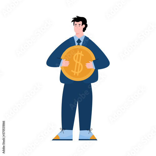 Business man holding big golden coin with dollar sign - money and finance concept with cartoon person smiling with currency token. Isolated vector illustration.