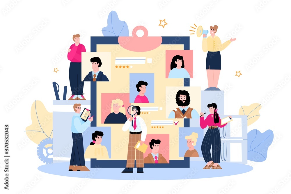 Fototapeta premium Employee hiring banner with cartoon HR people looking at job candidates pictures on giant clipboard. Recruitment team concept, vector illustration.