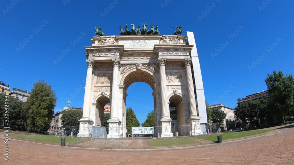 Milan, Italy - August 6, 2020: Moving time lapse of Arco della Pace in Milan Milan, Italy - August 6, 2020: Moving time lapse of Arco della Pace in Milan
