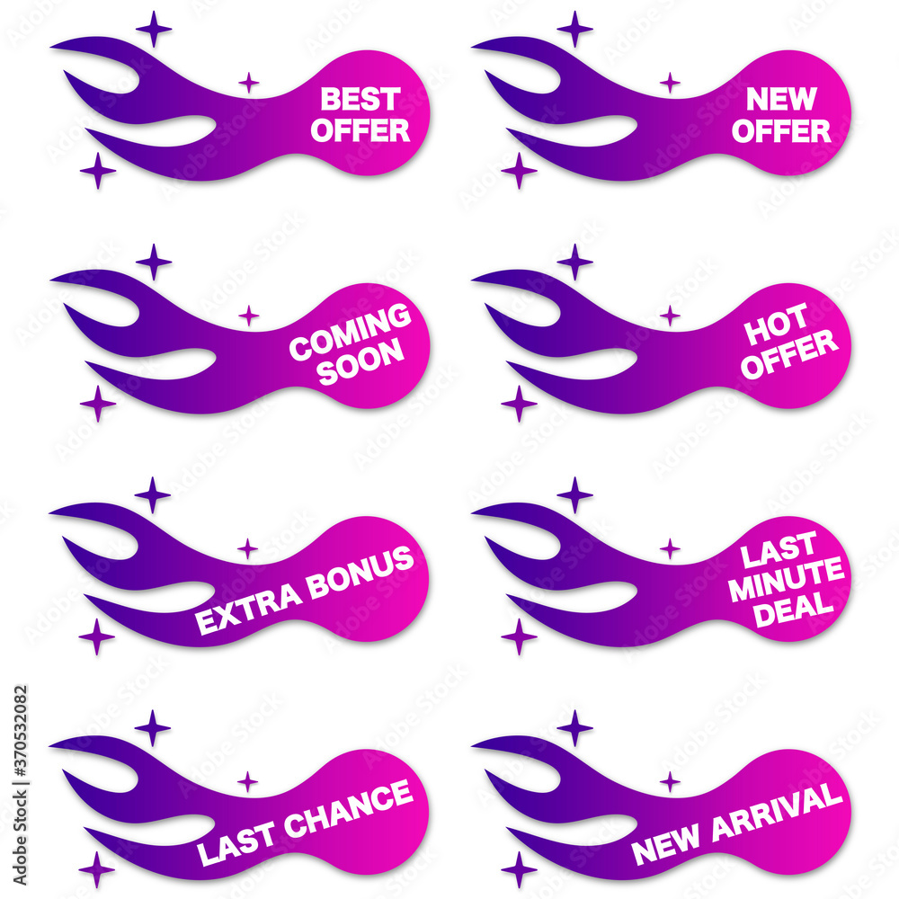 Set of Vector Illustration Best Offer/ New Offer/ Coming soon/ Hot Offer/ Extra Bonus/ Last Minute Deal/ Last Chance/ New Arrival. Colorful Web Banner Element. Set of Vector Illustration Best Offer/ New Offer/ Coming soon/ Hot Offer/ Extra Bonus/ Last Minute Deal/ Last Chance/ New Arrival. Colorful Web Banner Element.