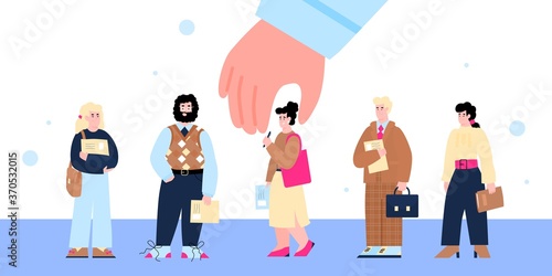 Recruitment and employment concept with huge hand choosing the best candidate from the row of people, flat cartoon vector illustration isolated on white background.