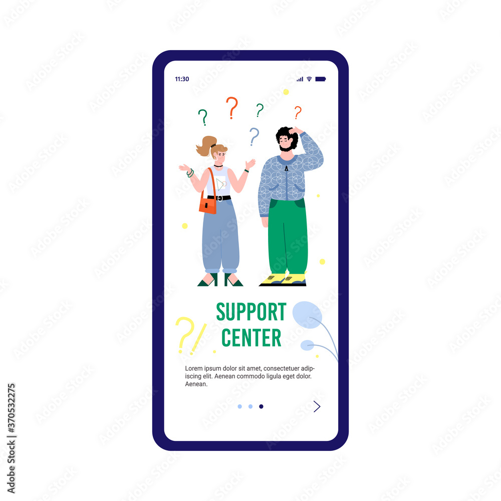 Confused and doubting people on the mobile phone screen. Concept of frequently asked questions in the support center. Page design for a mobile app. Vector flat cartoon illustration