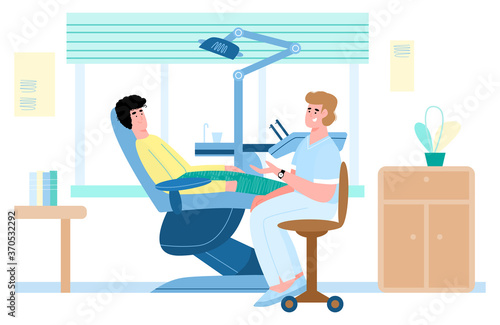 Doctor and patient at dental clinic, flat cartoon vector illustration. Patient at dentists office on medical examination checking his dental condition.
