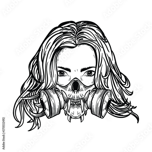 tattoo and t-shirt design black and white hand drawn women with skull gas mask premium vector