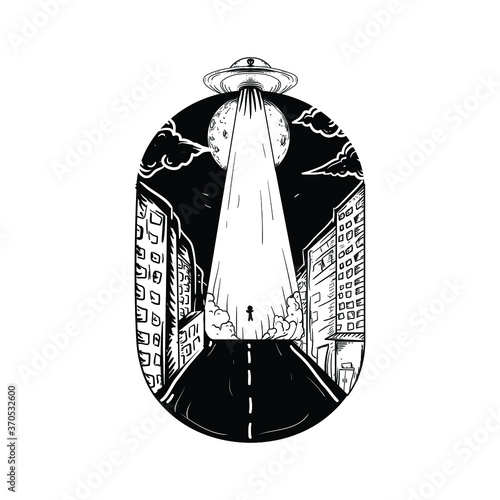 tattoo and t-shirt design black and white hand drawn alien in the city premium vector