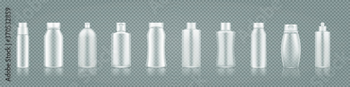 Empty transparent bottles mockup for shampoo, lotion, gel, cream. Blank plastic cosmetic package container. Beauty product template for branding or presentation. 3d realistic vector illustration