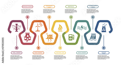 Infographic Alternative Energy template. Icons in different colors. Include Tidal Energy, Biomass Energy, Wind Energy, Geothermal Power and others.