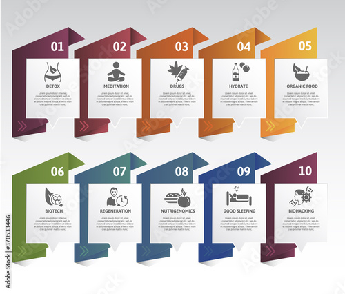 Infographic Biohacking template. Icons in different colors. Include Detox, Meditation, Drugs, Hydrate and others.