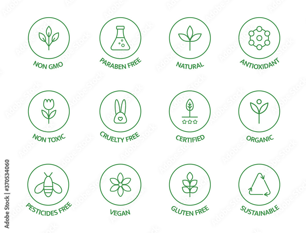 Organic cosmetic line icons set. GMO free emblems. Natural product badges. Product free allergen labels. Organic stickers. Healthy eating. Vegan, bio food. Vector illustration Organic cosmetic line icons set. GMO free emblems. Natural product badges. Product free allergen labels. Organic stickers. Healthy eating. Vegan, bio food. Vector illustration