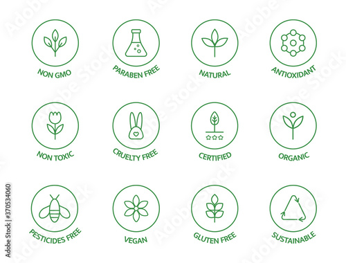 Organic cosmetic line icons set. GMO free emblems. Natural product badges. Product free allergen labels. Organic stickers. Healthy eating. Vegan, bio food. Vector illustration