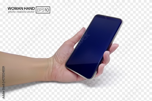 3d female hand holds a smartphone. Realistic vector illustration isolated on transparent background. EPS10 with mesh gradients.