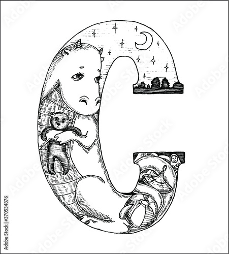 Illustration of cat and mouse in the circuit C. The initial letter, the first letter of the name, the icon. Hands painted illustration, sketch. Russian alphabet