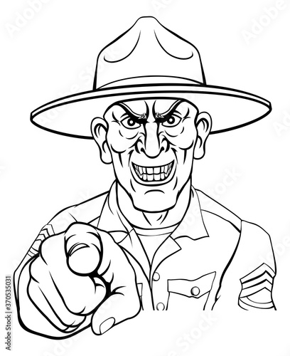 An army bootcamp drill sergeant soldier looking mean and pointing at the viewer