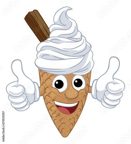 An ice cream waffle cone with chocolate cartoon character mascot giving at thumbs up