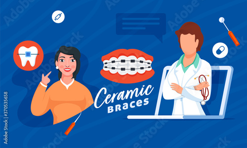 Online Doctor in Laptop with Patient Woman Showing her Ceramic Braces on Blue Background.