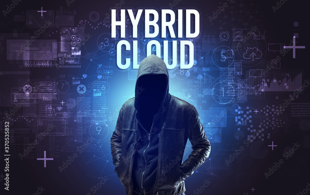 Faceless man with HYBRID CLOUD inscription, online security concept Faceless man with HYBRID CLOUD inscription, online security concept