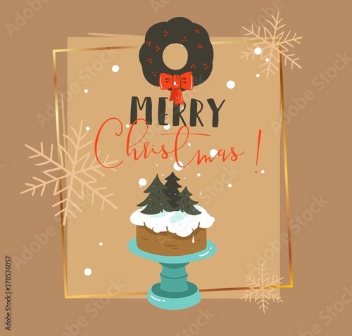 Hand drawn vector abstract Merry Christmas and Happy New Year time retro cartoon illustrations greeting card with cake stand design,mistletoe wreath and modern typography isolated on brown background