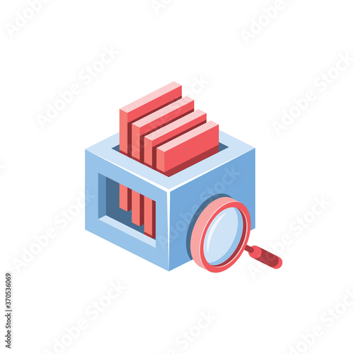 Server database search magnifier. Vector 3d isometric, color web icons set, new flat style. Creative illustration, idea for infographics.