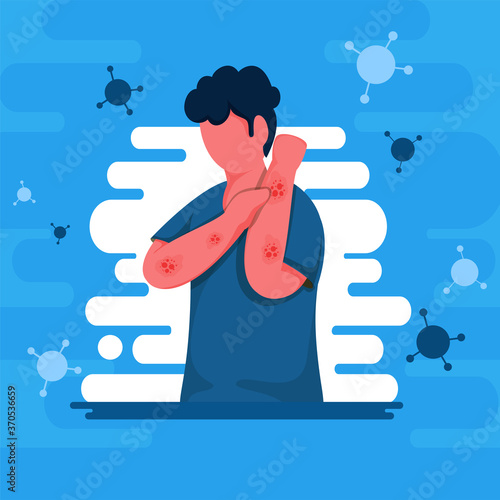 Faceless Man Itching Hands and Virus Effect on Blue and White Background.