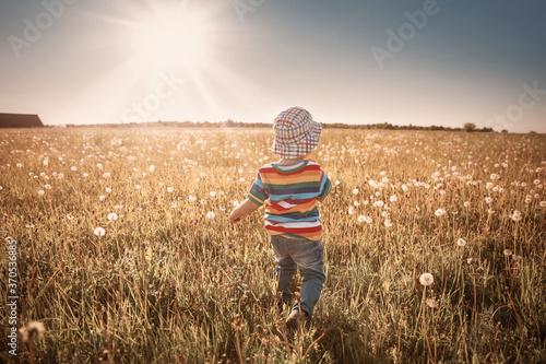 Baby boy standing in grass on the fieald with dandelions photo