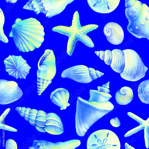 Seamless pattern with underwater life objects - blue sea shells, marine starfish. Watercolor hand drawn painting illustration isolated on blue background.