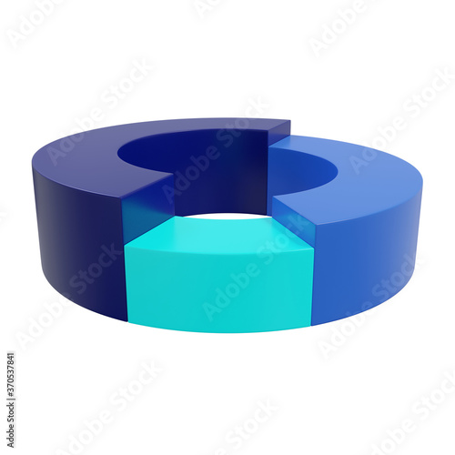 Pie chart. Three parts. Blue, azure and turquoise. Isolated on a white background. 3d illustration.
