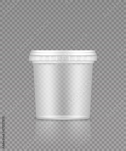 Empty transparent bucket with cap mockup for ice cream, yoghurt, mayonnaise, paint, or putty . Plastic package design. Blank food or decor product container template. 3d vector illustration