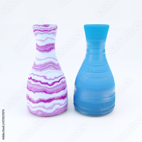 Two vases isolated on a white background. White and pink with an interesting texture and white and blue grooved. 3d illustration.