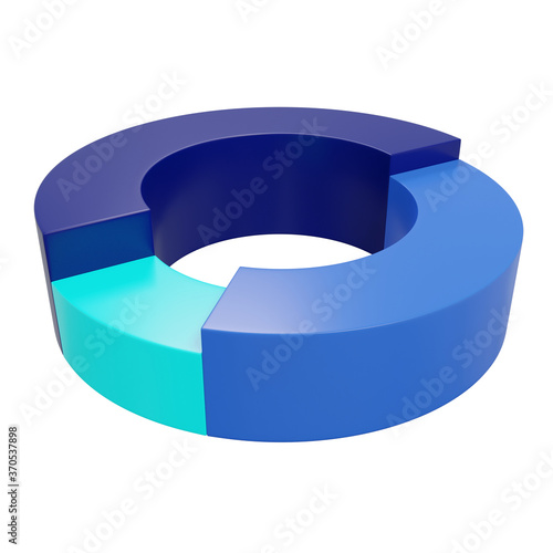 Pie chart. Three parts. Blue, azure and turquoise. Isolated on a white background. 3d illustration.